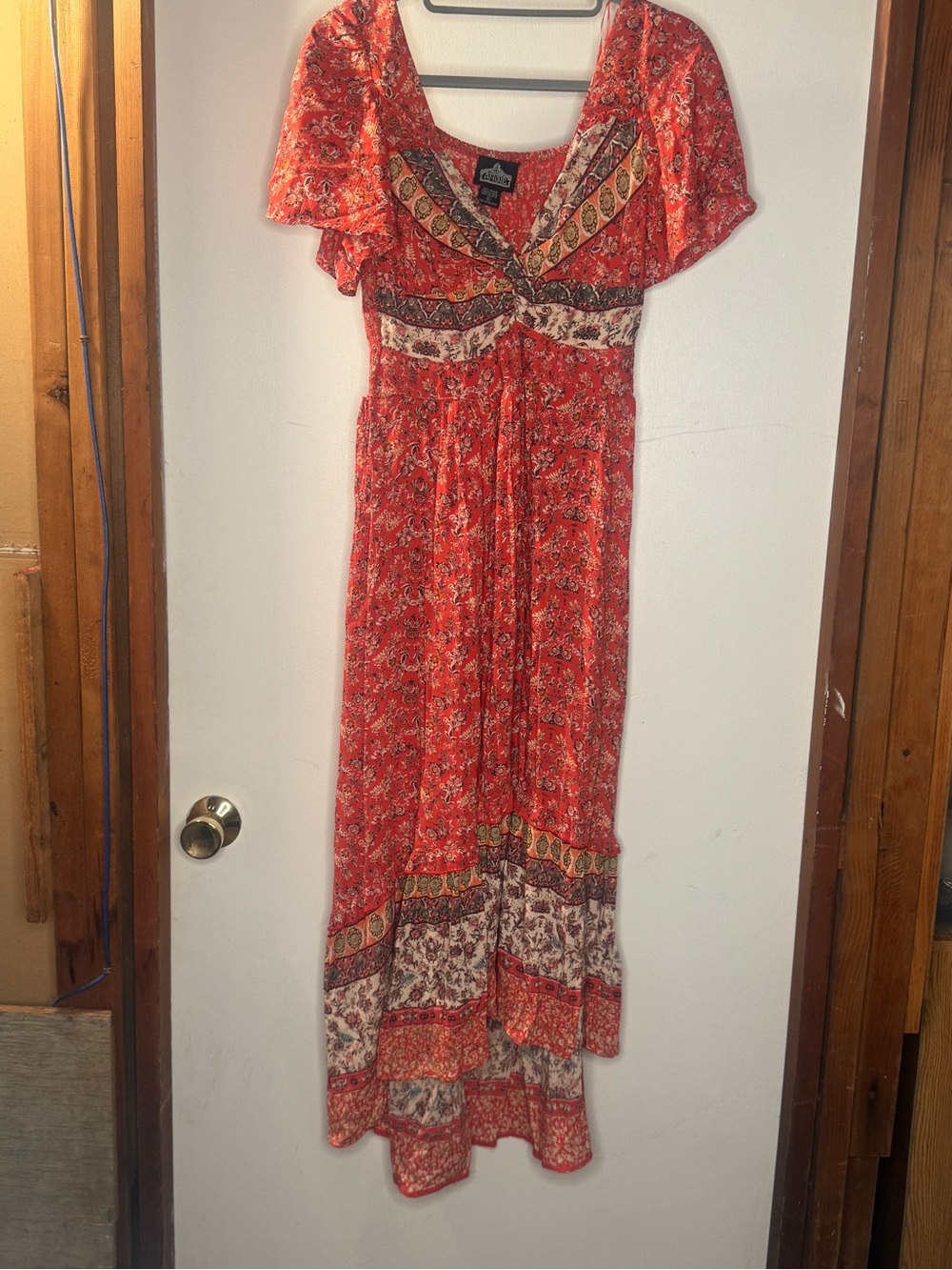 Angie Red Floral Border-Print Maxi Dress with Flutter Sleeves
